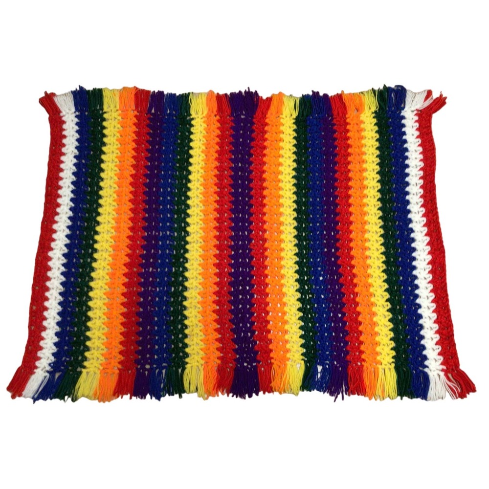 Vintage Crochet Rainbow Pride Afghan Throw Blanket 50x40 Handmade Tassel ~890A